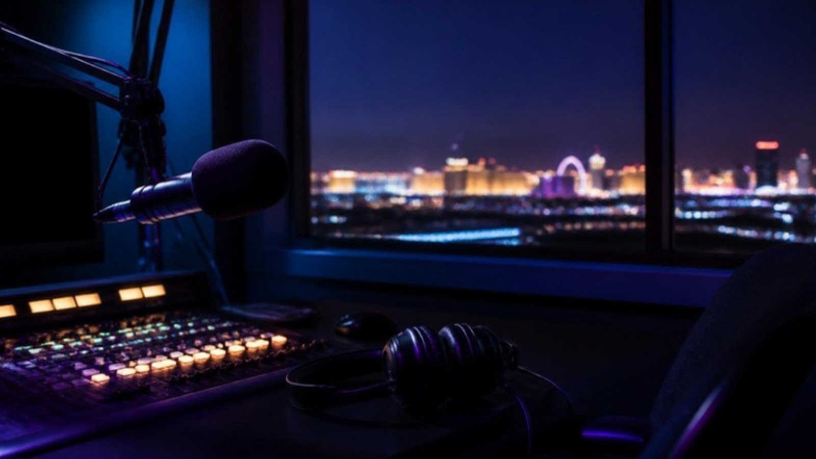 An empty radio booth at night, a microphone on a boom arm and a mixing desk glowing, city lights far off through the window