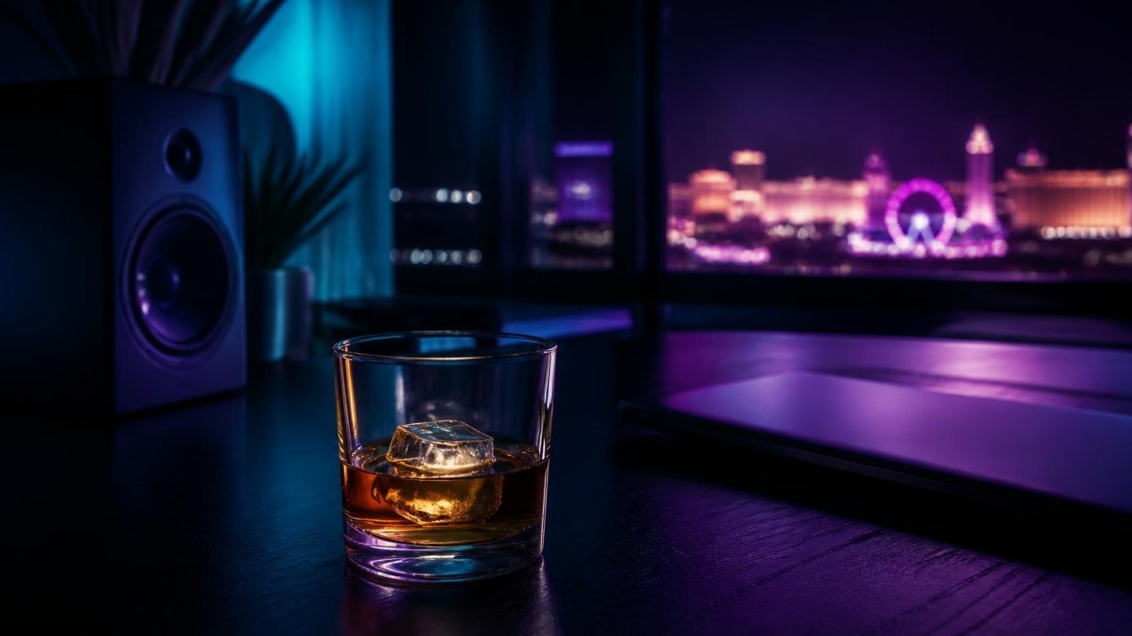 A drink on the desk in a dark home office, a speaker glowing, Las Vegas lights far off through the window
